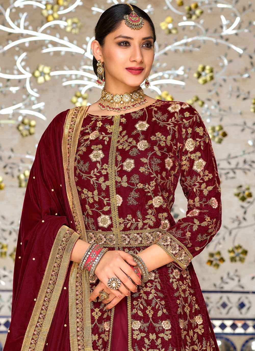 Lehenga Choli Velvet Wine Embroidered Lehenga Choli