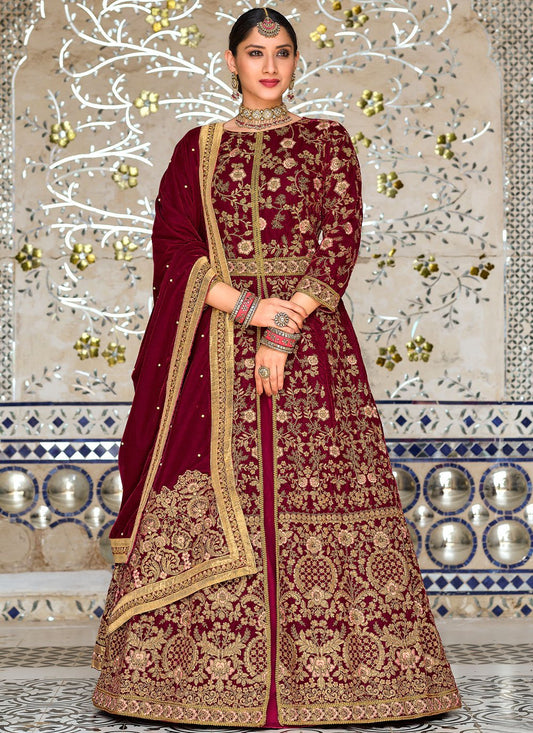 Lehenga Choli Velvet Wine Embroidered Lehenga Choli