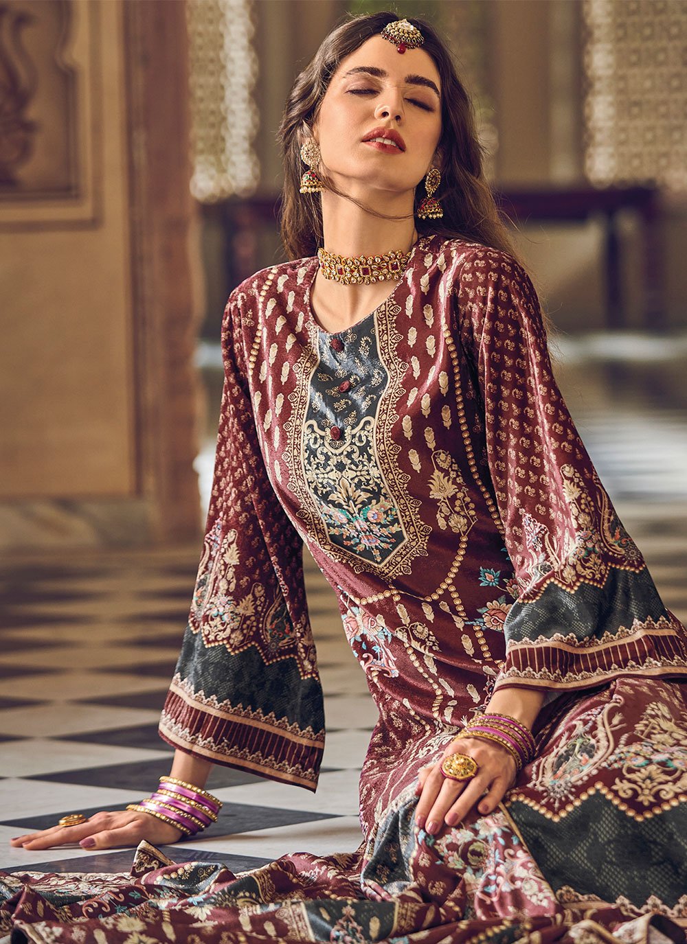 Palazzo Salwar Suit Velvet Maroon Digital Print Salwar Kameez