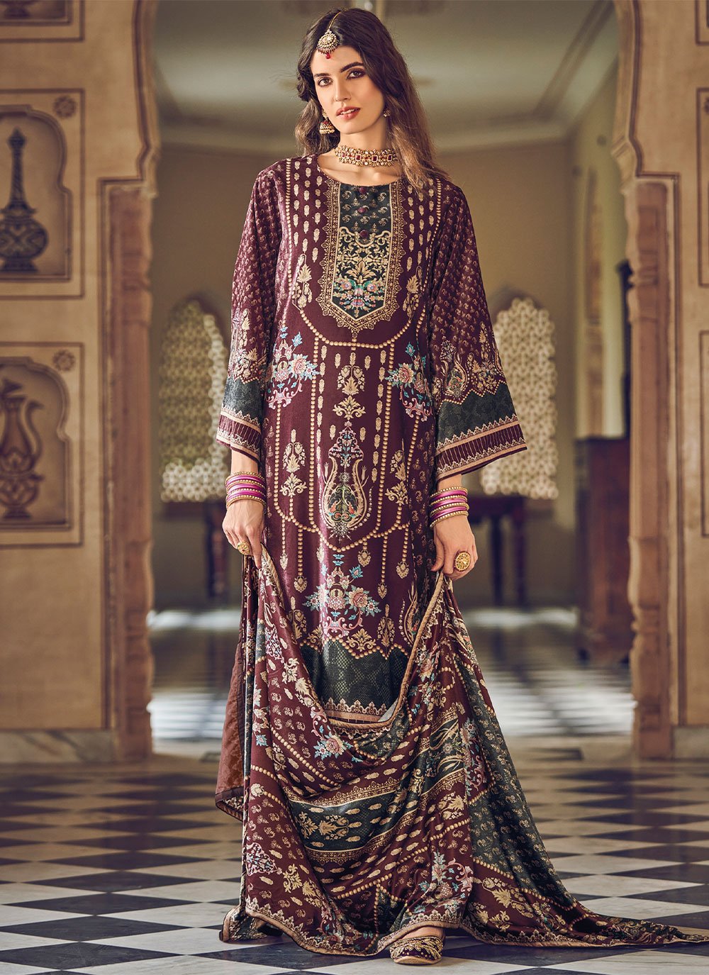 Palazzo Salwar Suit Velvet Maroon Digital Print Salwar Kameez