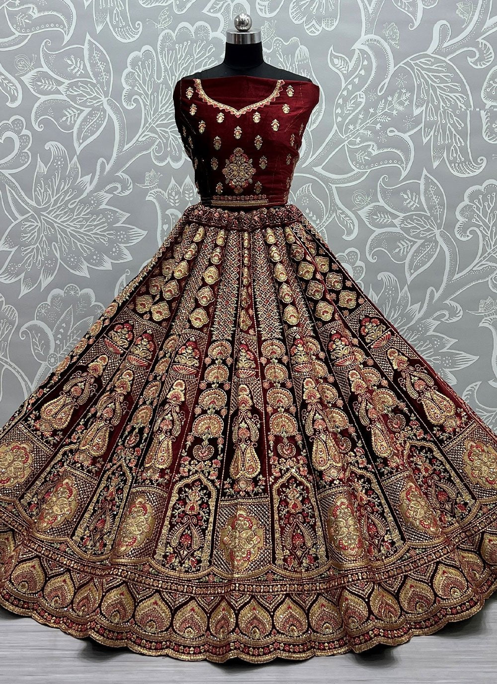 Lehenga Choli Velvet Maroon Dori Work Lehenga Choli