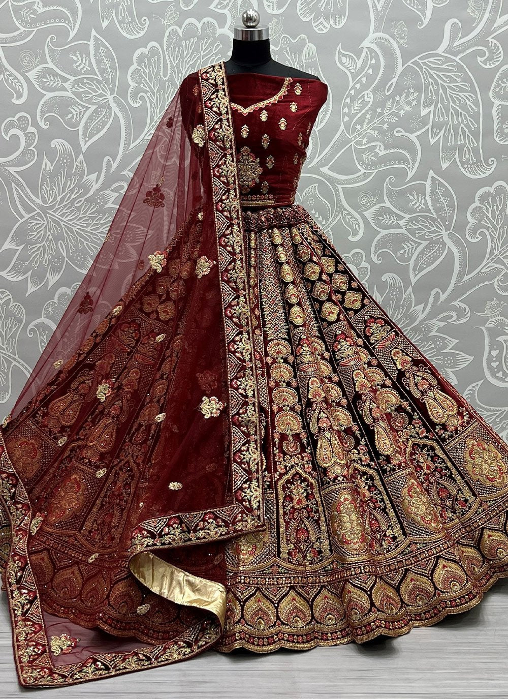 Lehenga Choli Velvet Maroon Dori Work Lehenga Choli