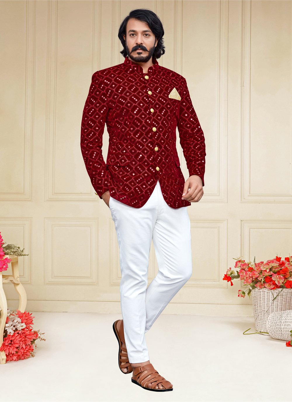 Jodhpuri Suit Velvet Maroon Embroidered Mens