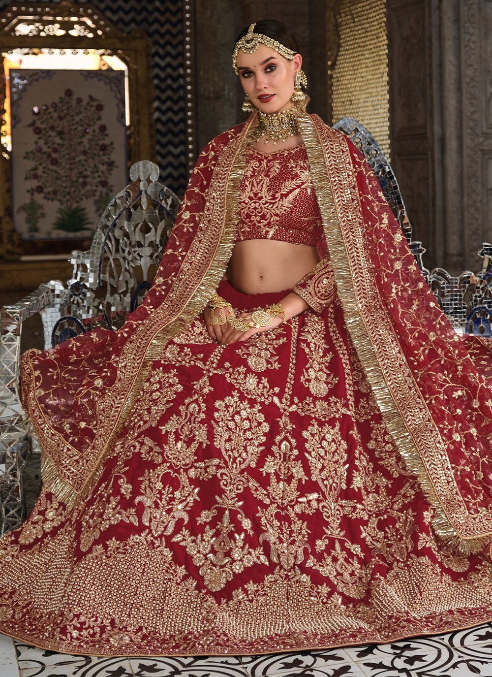 Lehenga Choli Velvet Maroon Dori Work Lehenga Choli