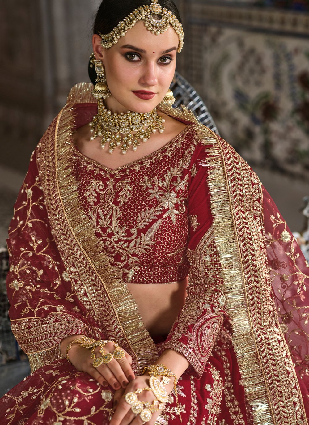 Lehenga Choli Velvet Maroon Dori Work Lehenga Choli