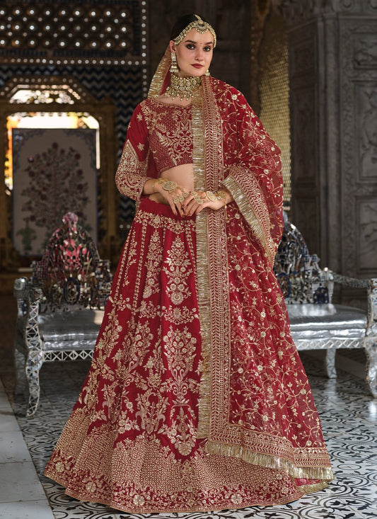 Lehenga Choli Velvet Maroon Dori Work Lehenga Choli