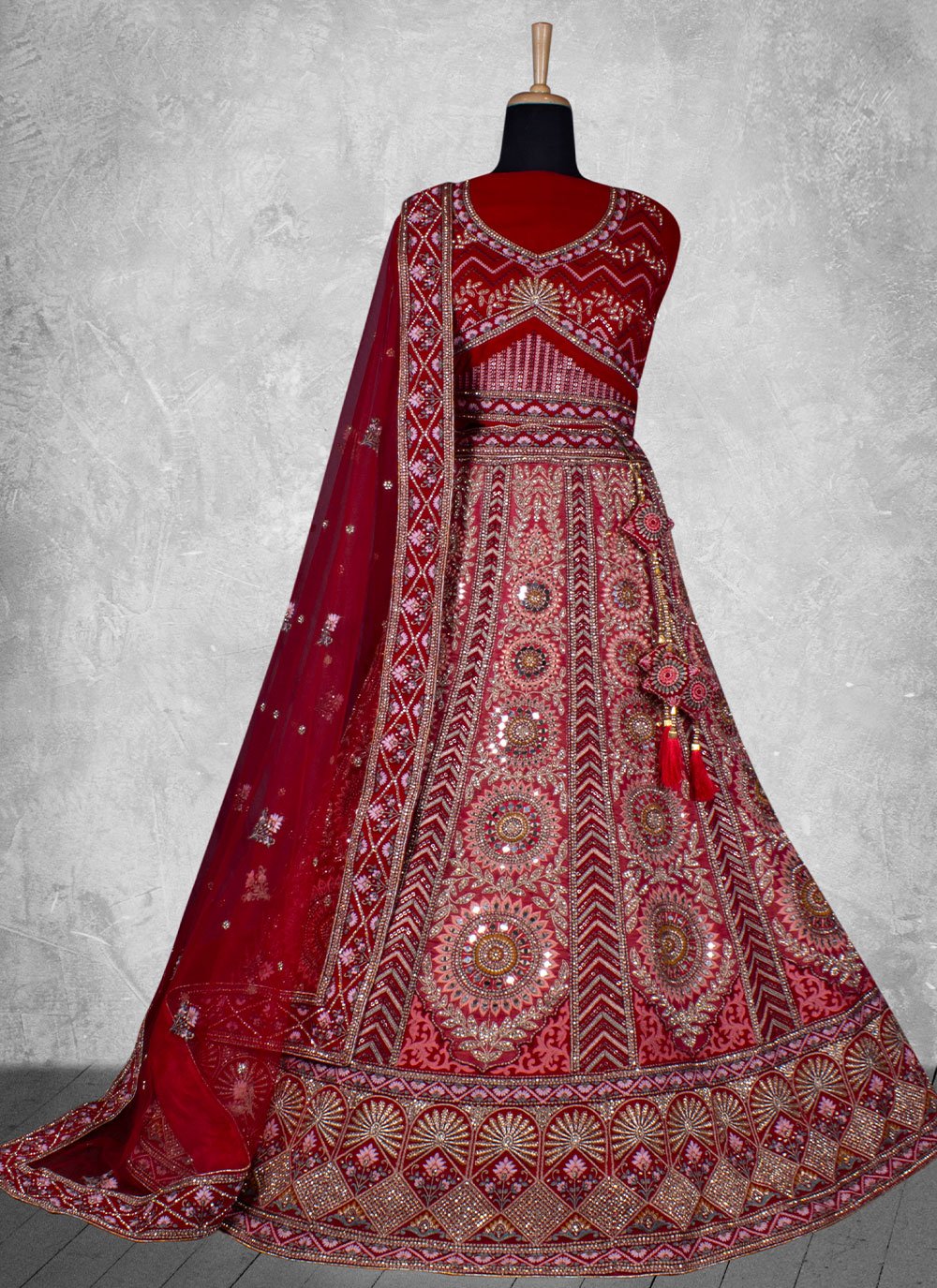 Lehenga Choli Velvet Maroon Embroidered Lehenga Choli