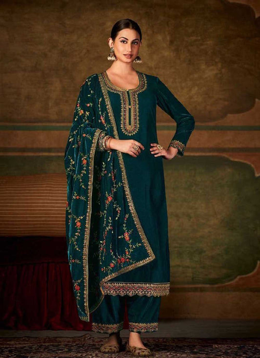 Palazzo Salwar Suit Velvet Rama Embroidered Salwar Kameez