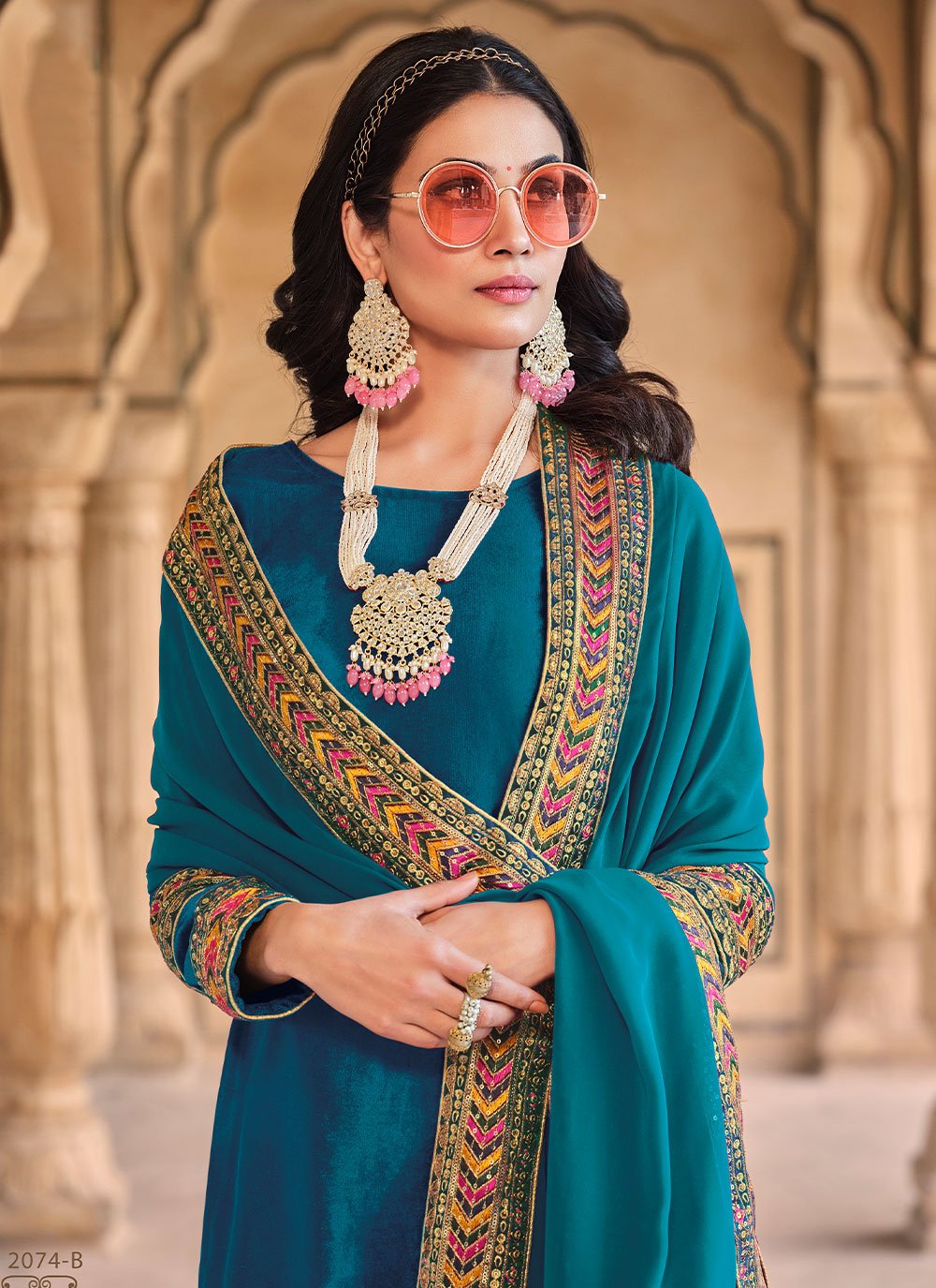 Pant Style Suit Velvet Teal Embroidered Salwar Kameez