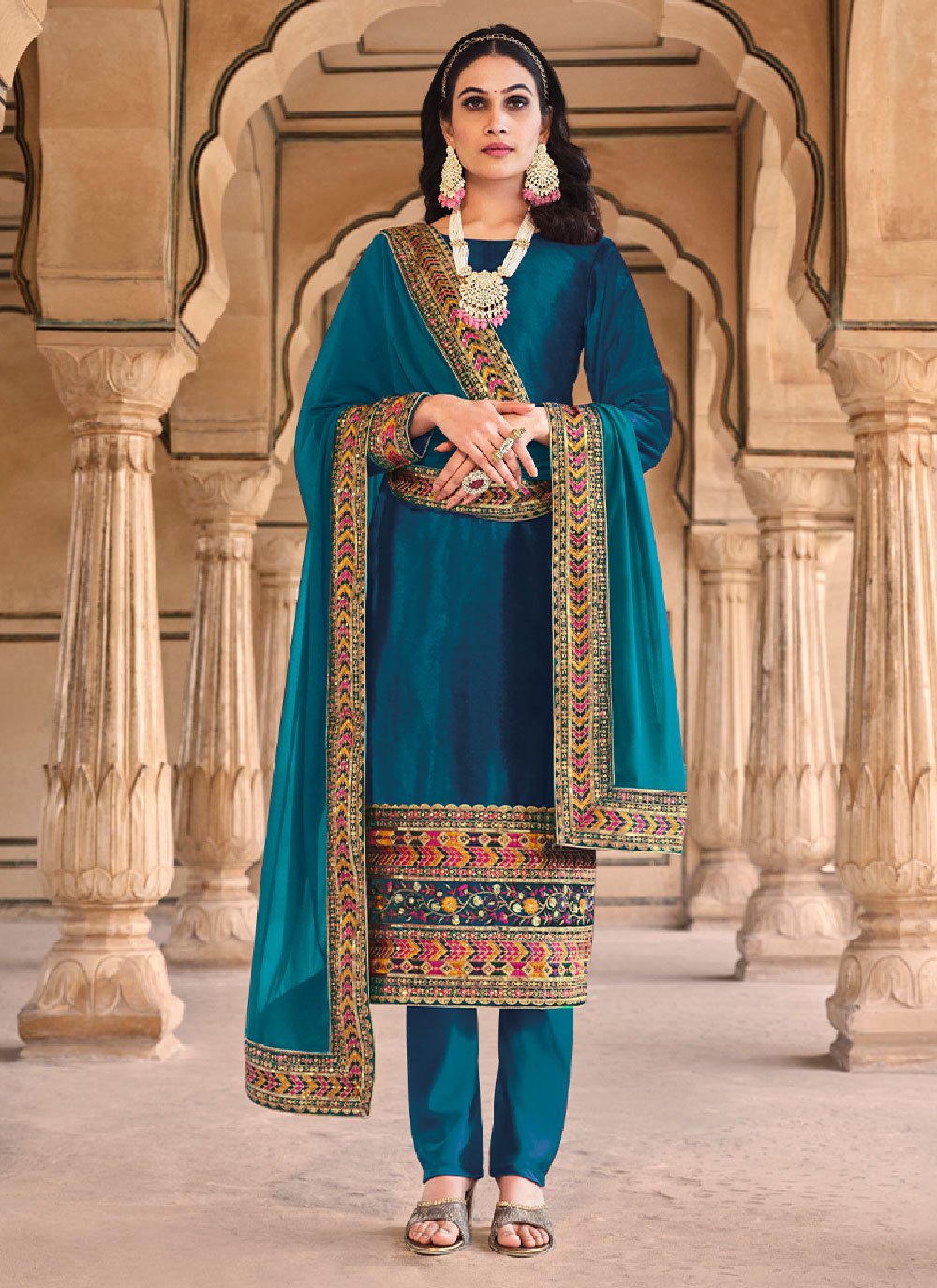 Pant Style Suit Velvet Teal Embroidered Salwar Kameez