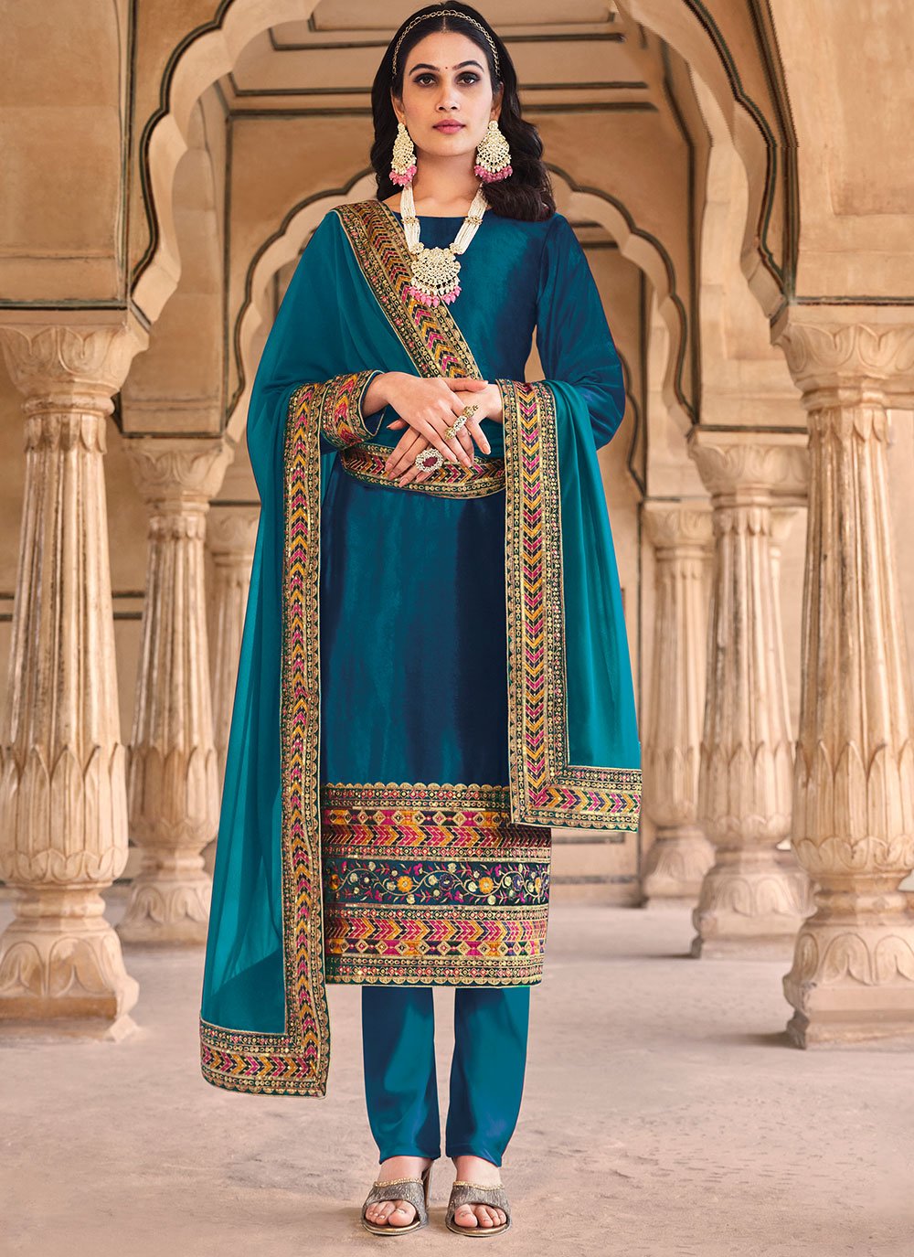 Pant Style Suit Velvet Teal Embroidered Salwar Kameez