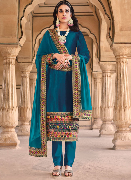 Pant Style Suit Velvet Teal Embroidered Salwar Kameez