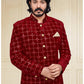 Jodhpuri Suit Velvet Maroon Embroidered Mens