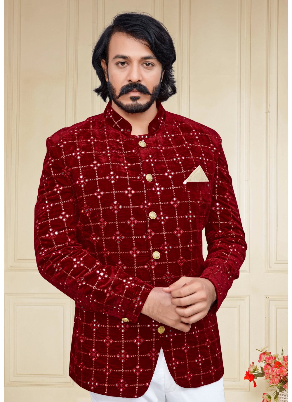 Jodhpuri Suit Velvet Maroon Embroidered Mens