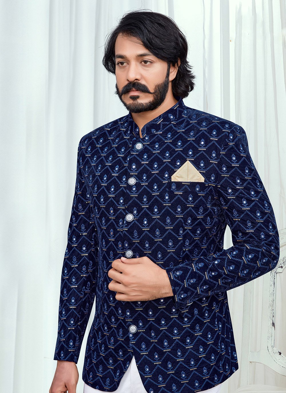 Jodhpuri Suit Velvet Blue Embroidered Mens