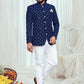 Jodhpuri Suit Velvet Blue Embroidered Mens