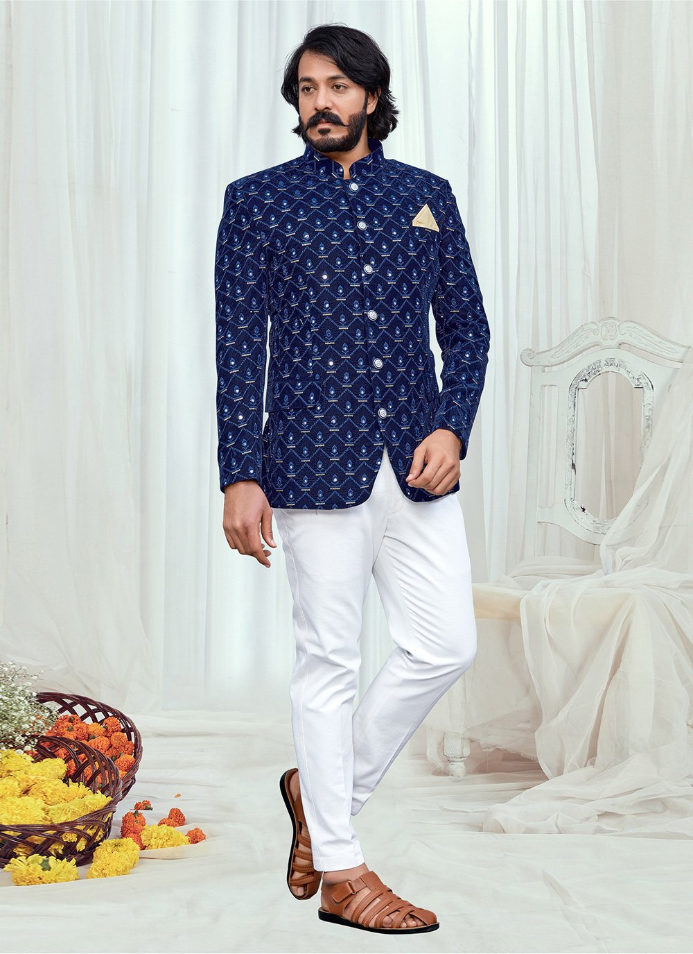 Jodhpuri Suit Velvet Blue Embroidered Mens