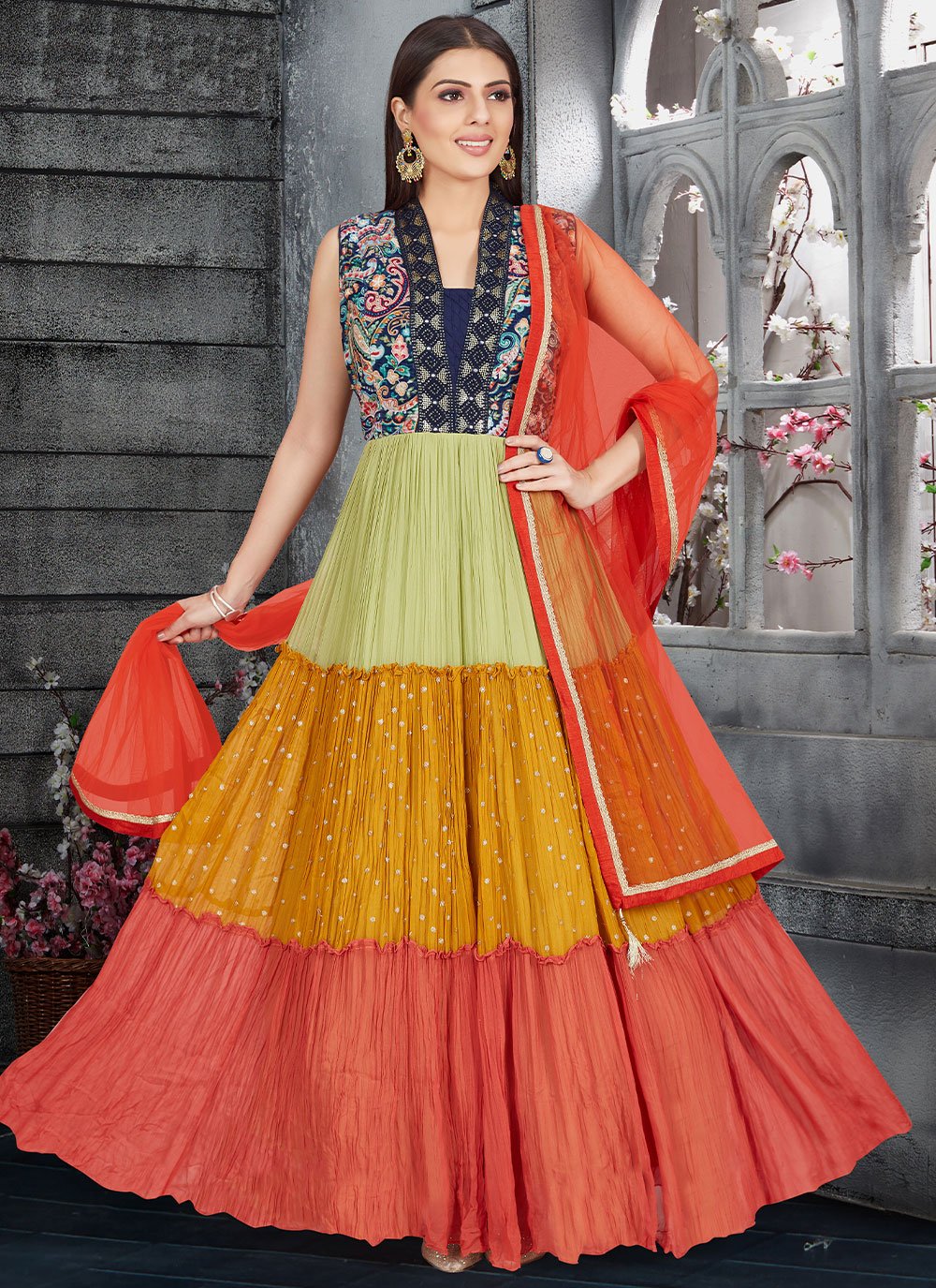 Gown Georgette Velvet Multi Colour Embroidered Gown