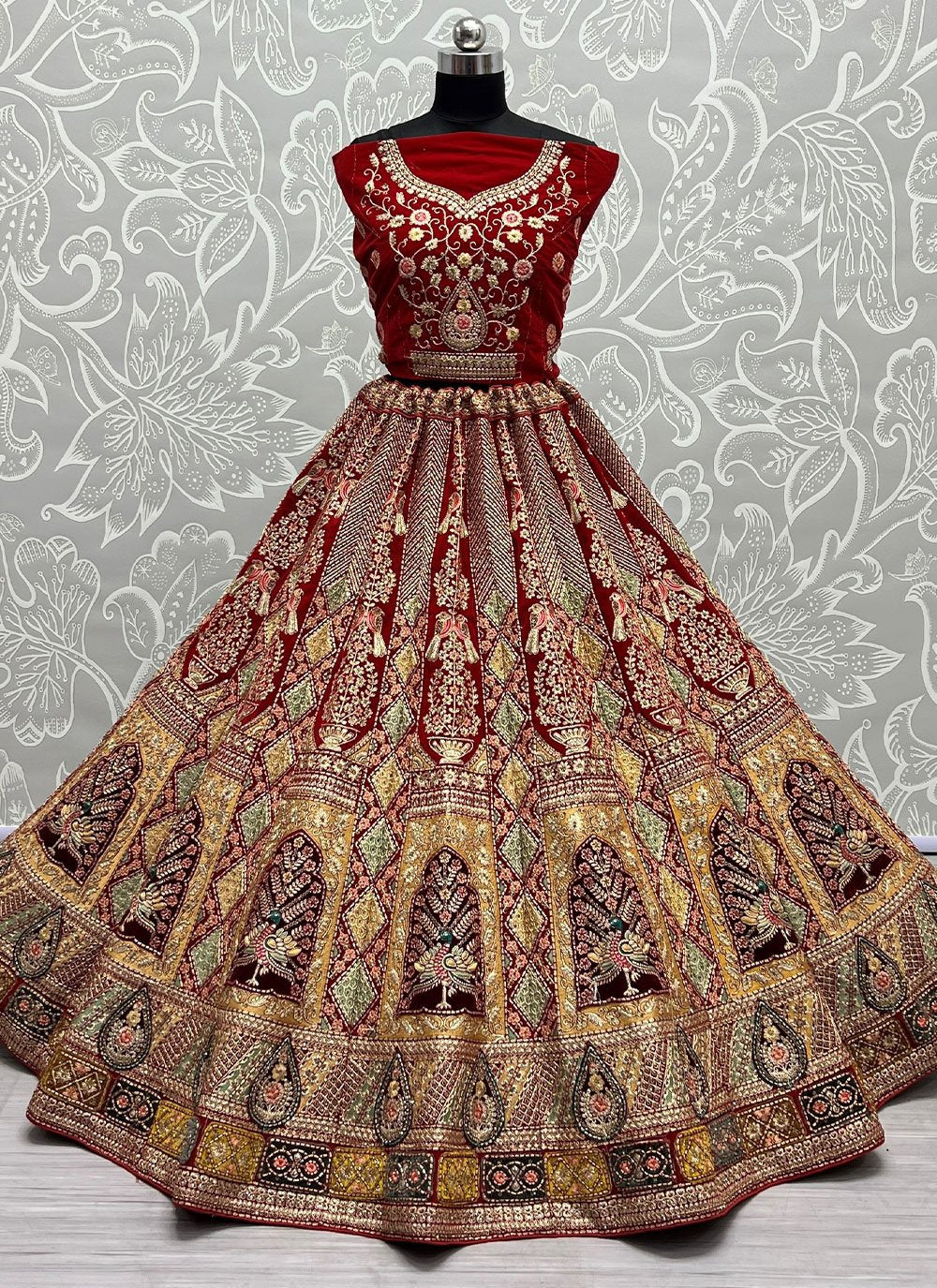 Lehenga Choli Velvet Red Dori Work Lehenga Choli