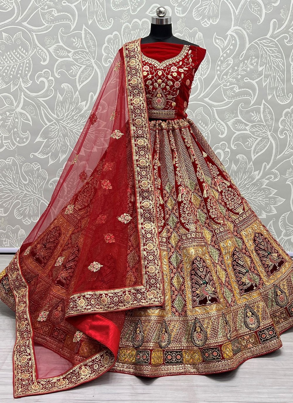 Lehenga Choli Velvet Red Dori Work Lehenga Choli