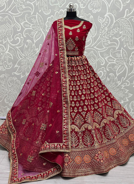 Lehenga Choli Velvet Hot Pink Dori Work Lehenga Choli