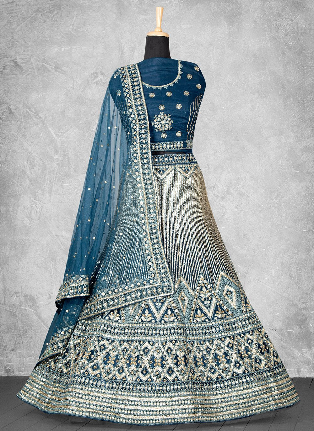 A Line Lehenga Velvet Blue Embroidered Lehenga Choli