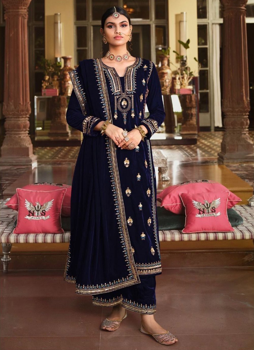 Palazzo Salwar Suit Velvet Blue Embroidered Salwar Kameez