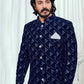 Jodhpuri Suit Velvet Blue Embroidered Mens