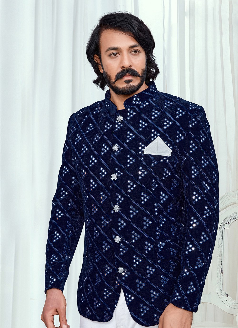 Jodhpuri Suit Velvet Blue Embroidered Mens