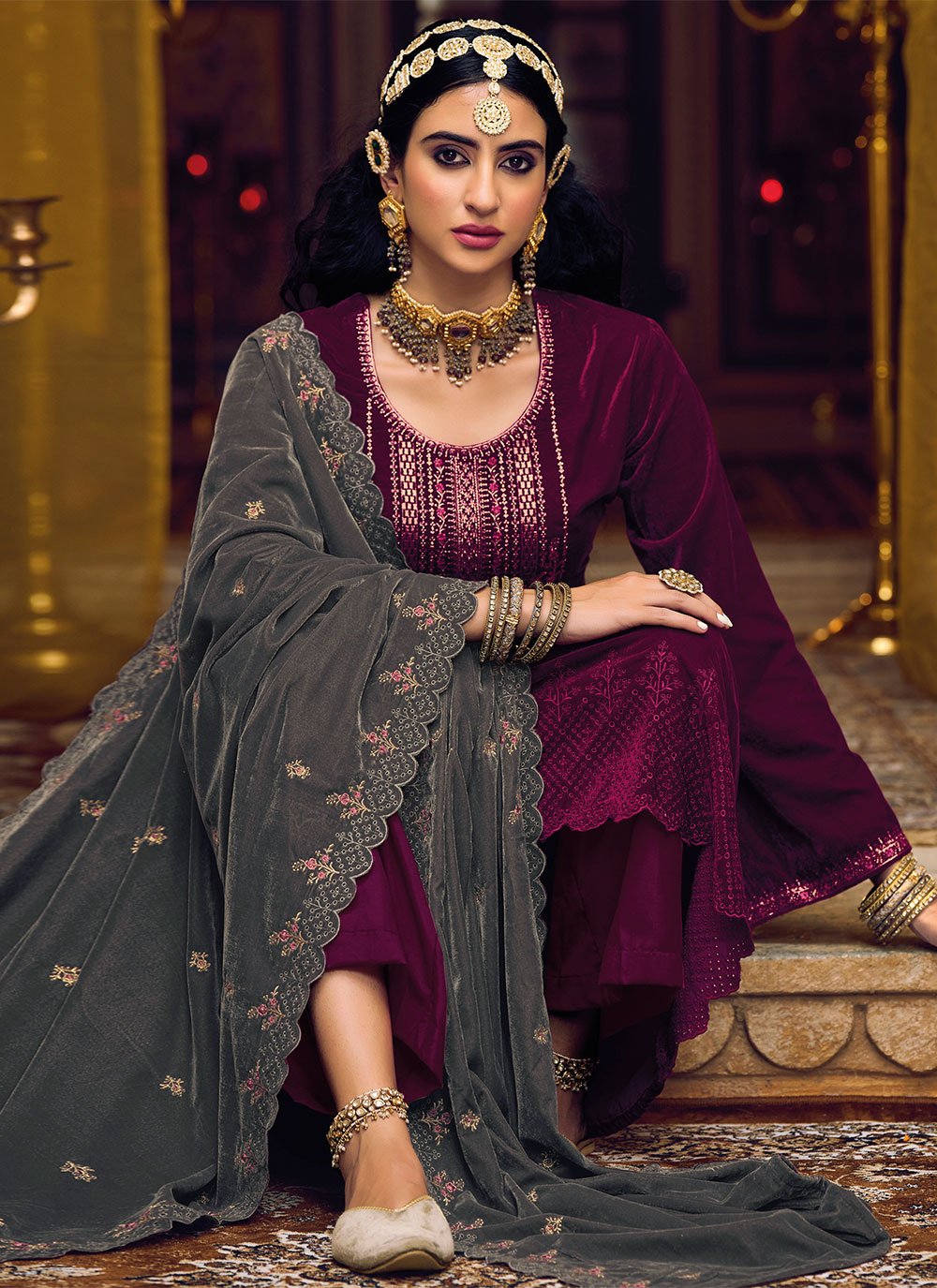 Palazzo Salwar Suit Velvet Magenta Embroidered Salwar Kameez