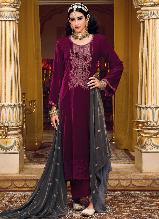 Palazzo Salwar Suit Velvet Magenta Embroidered Salwar Kameez