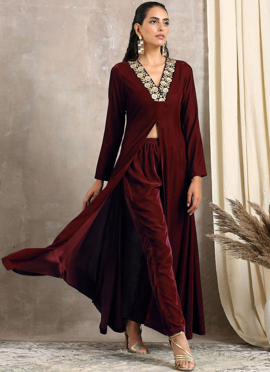 Party Wear Kurti Velvet Maroon Embroidered Kurtis