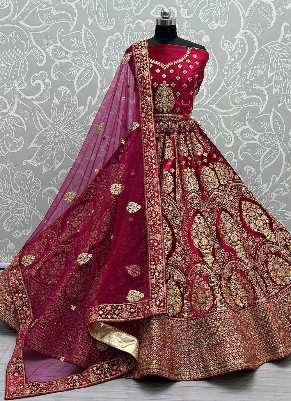 A Line Lehenga Velvet Pink Dori Work Lehenga Choli