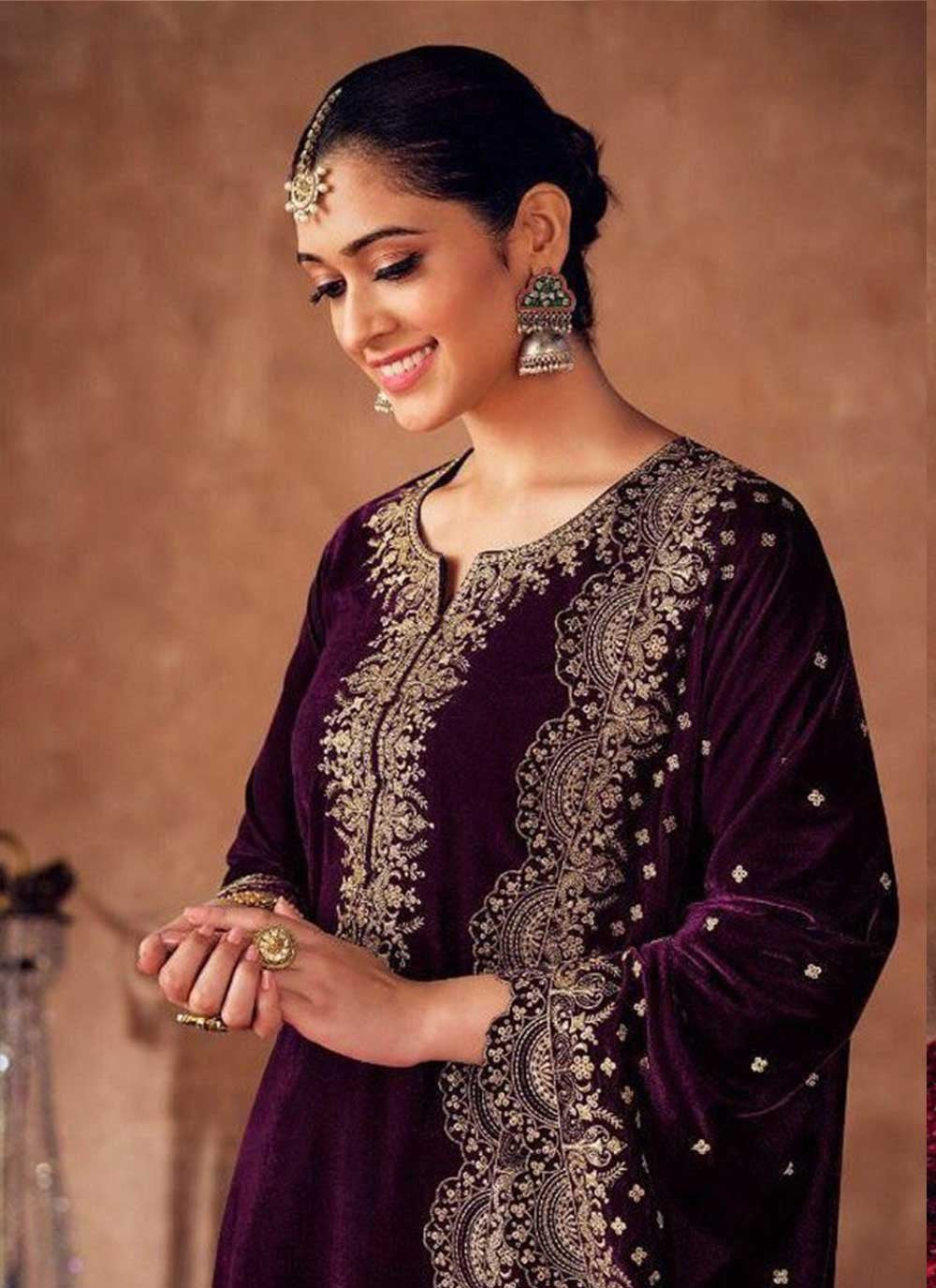 Pant Style Suit Velvet Purple Embroidered Salwar Kameez