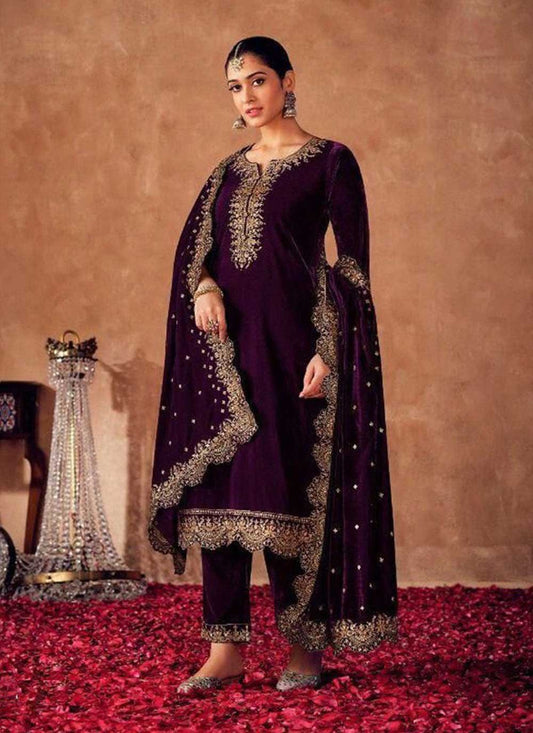 Pant Style Suit Velvet Purple Embroidered Salwar Kameez
