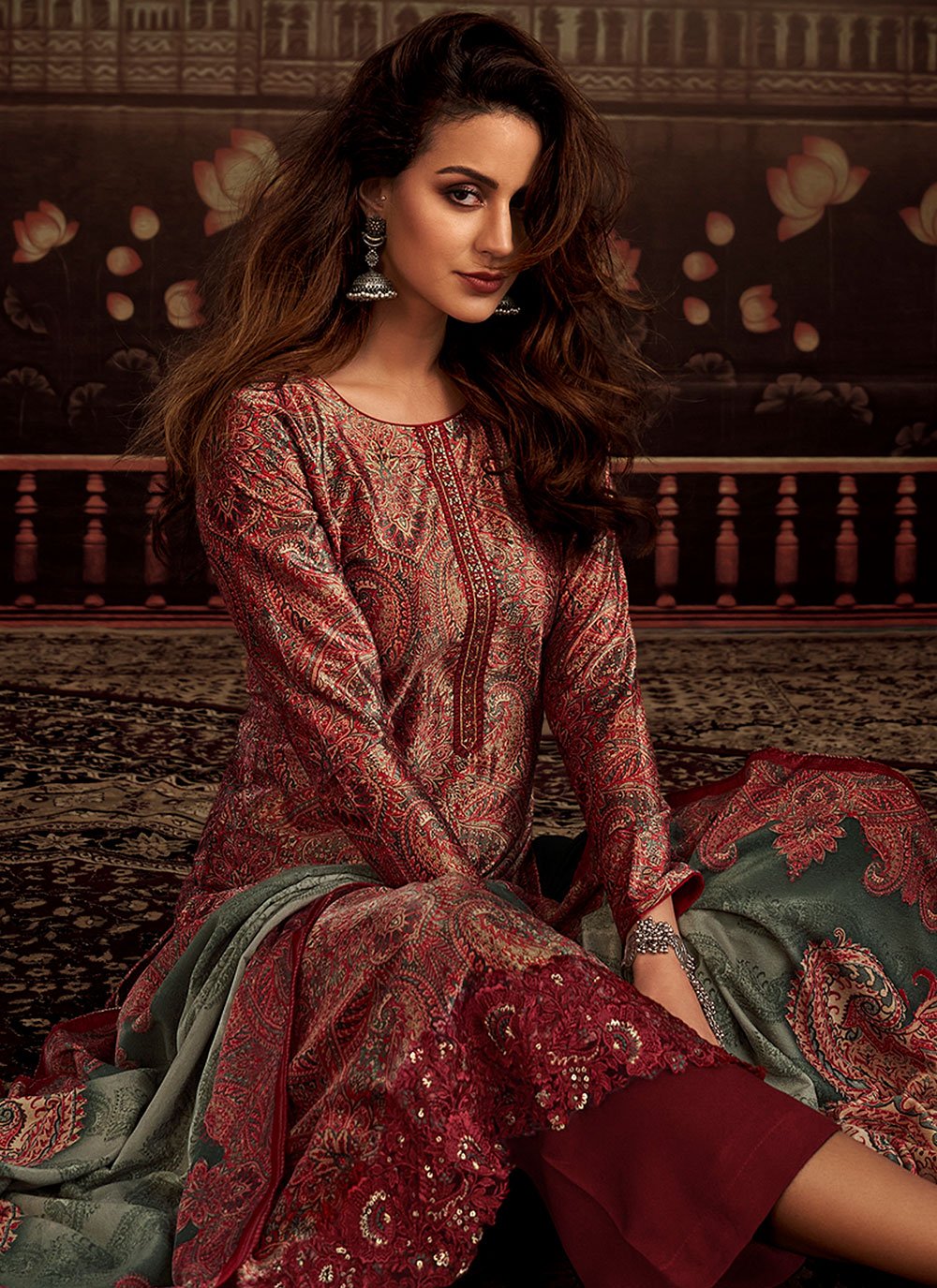 Palazzo Salwar Suit Velvet Red Digital Print Salwar Kameez