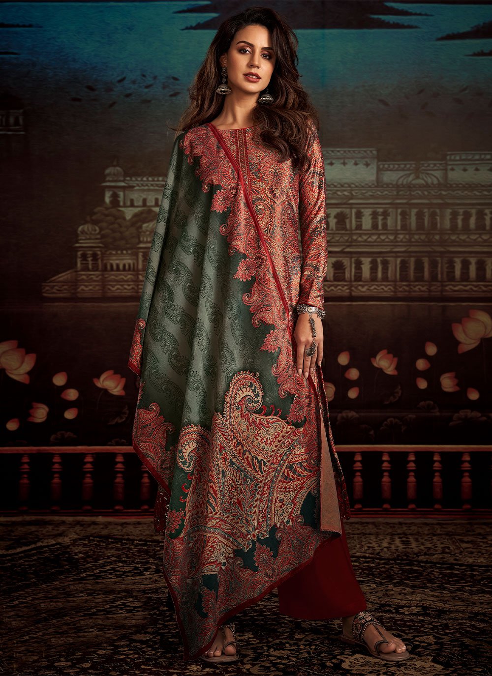 Palazzo Salwar Suit Velvet Red Digital Print Salwar Kameez