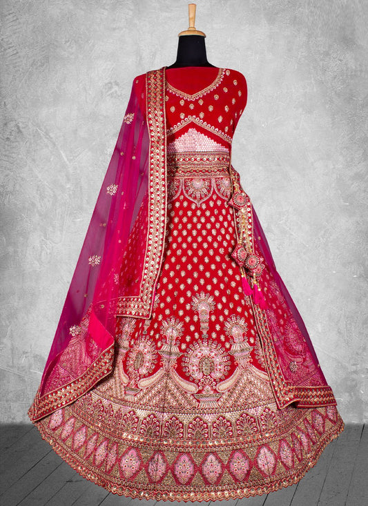 Lehenga Choli Velvet Red Embroidered Lehenga Choli