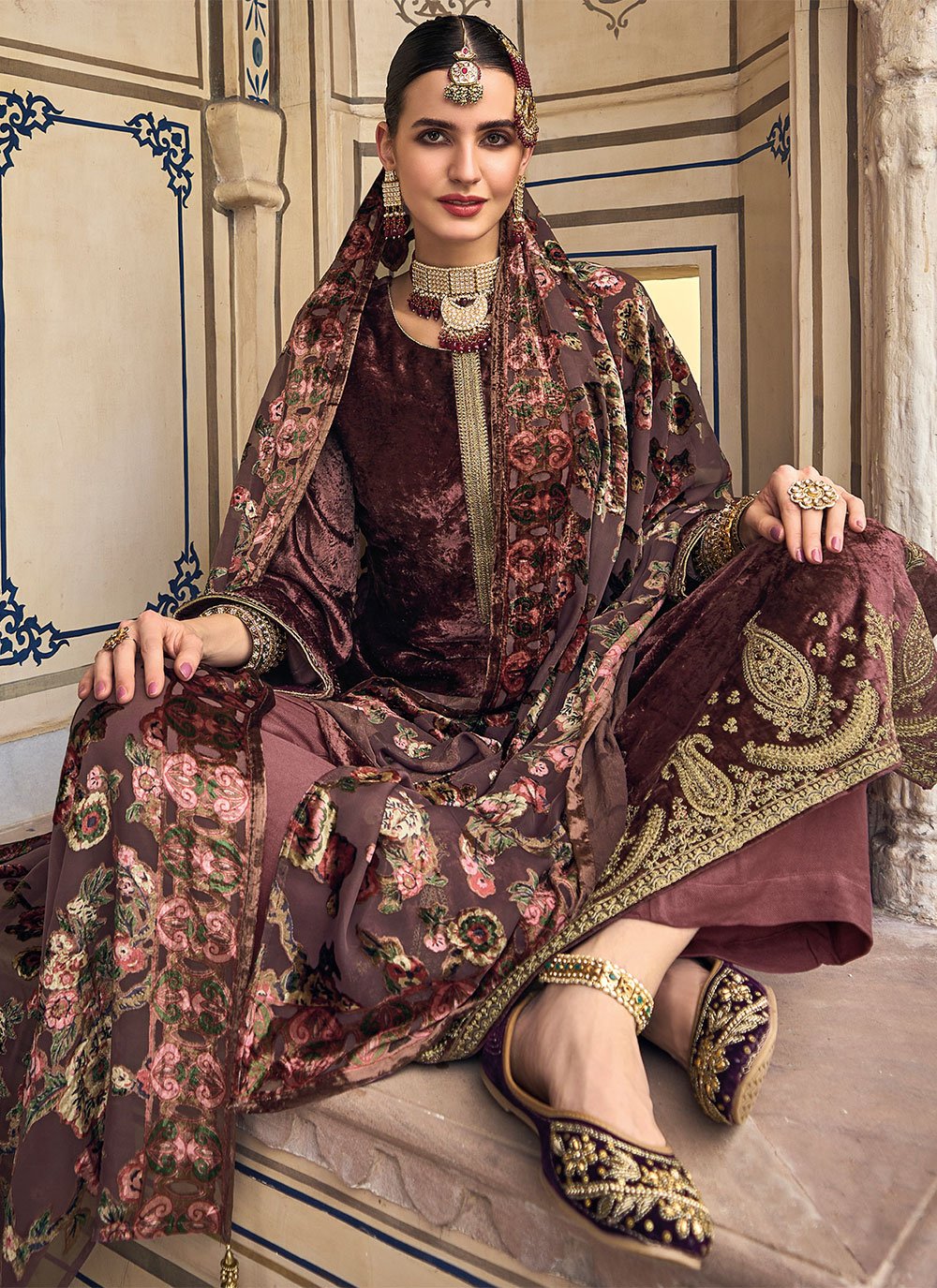 Salwar Suit Velvet Brown Embroidered Salwar Kameez