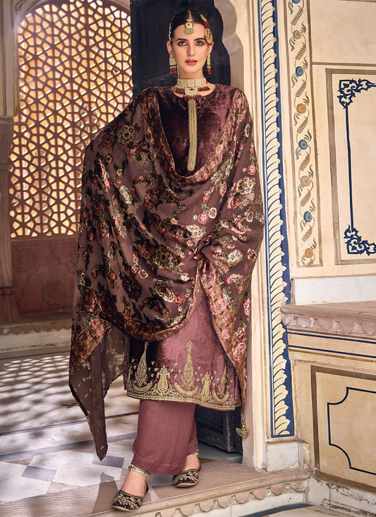 Salwar Suit Velvet Brown Embroidered Salwar Kameez
