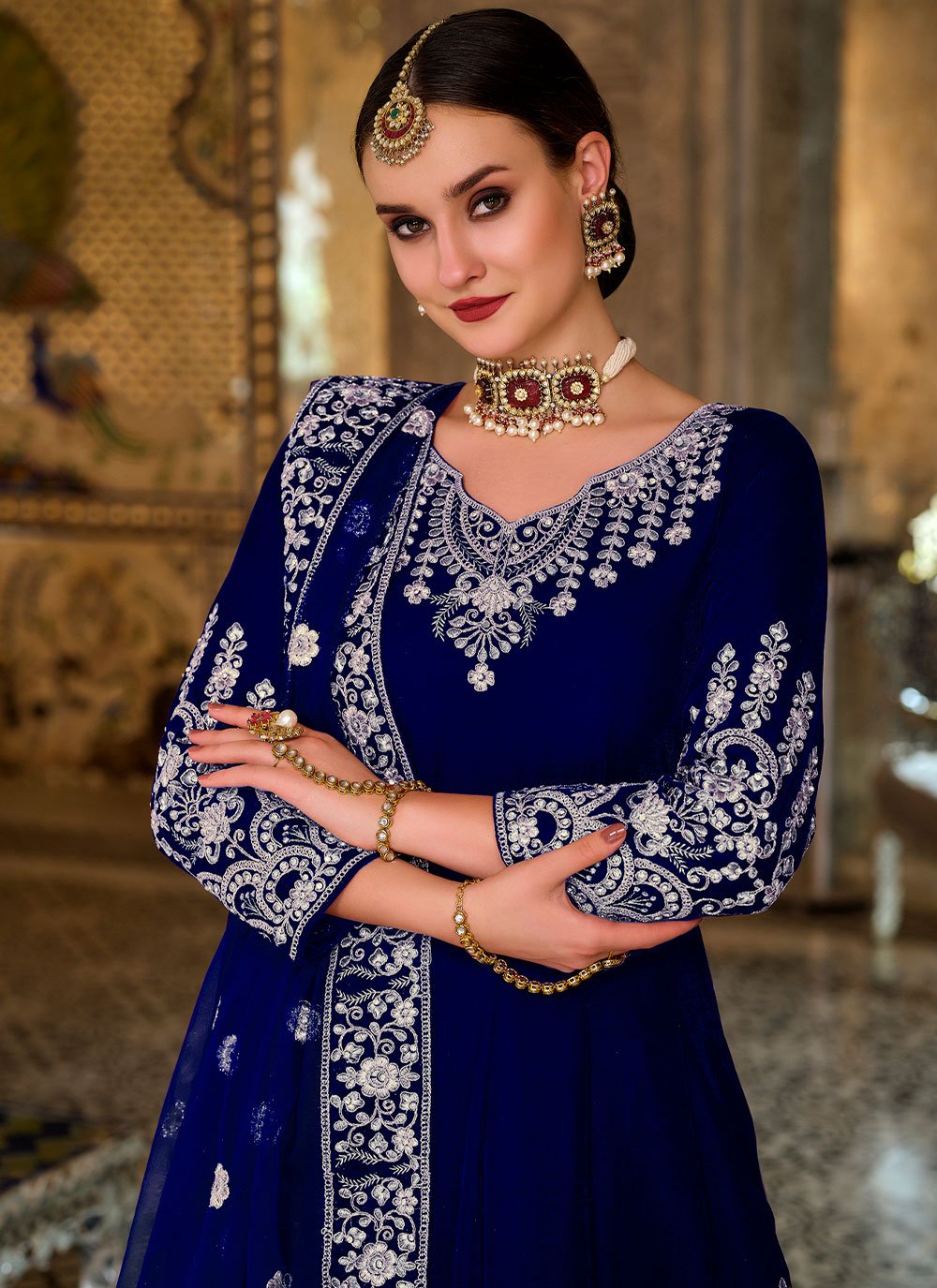 Floor Lenght Salwar Suit Velvet Blue Embroidered Salwar Kameez