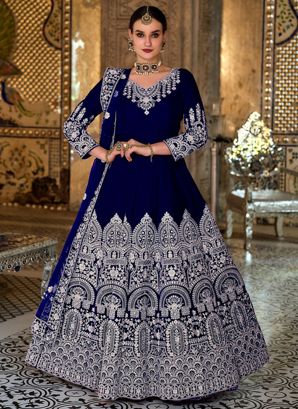 Floor Lenght Salwar Suit Velvet Blue Embroidered Salwar Kameez