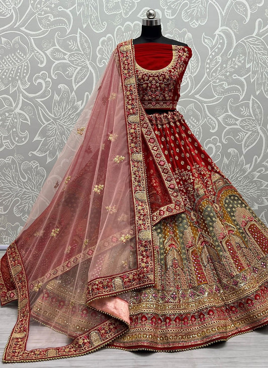 Lehenga Choli Velvet Maroon Hand Work Lehenga Choli