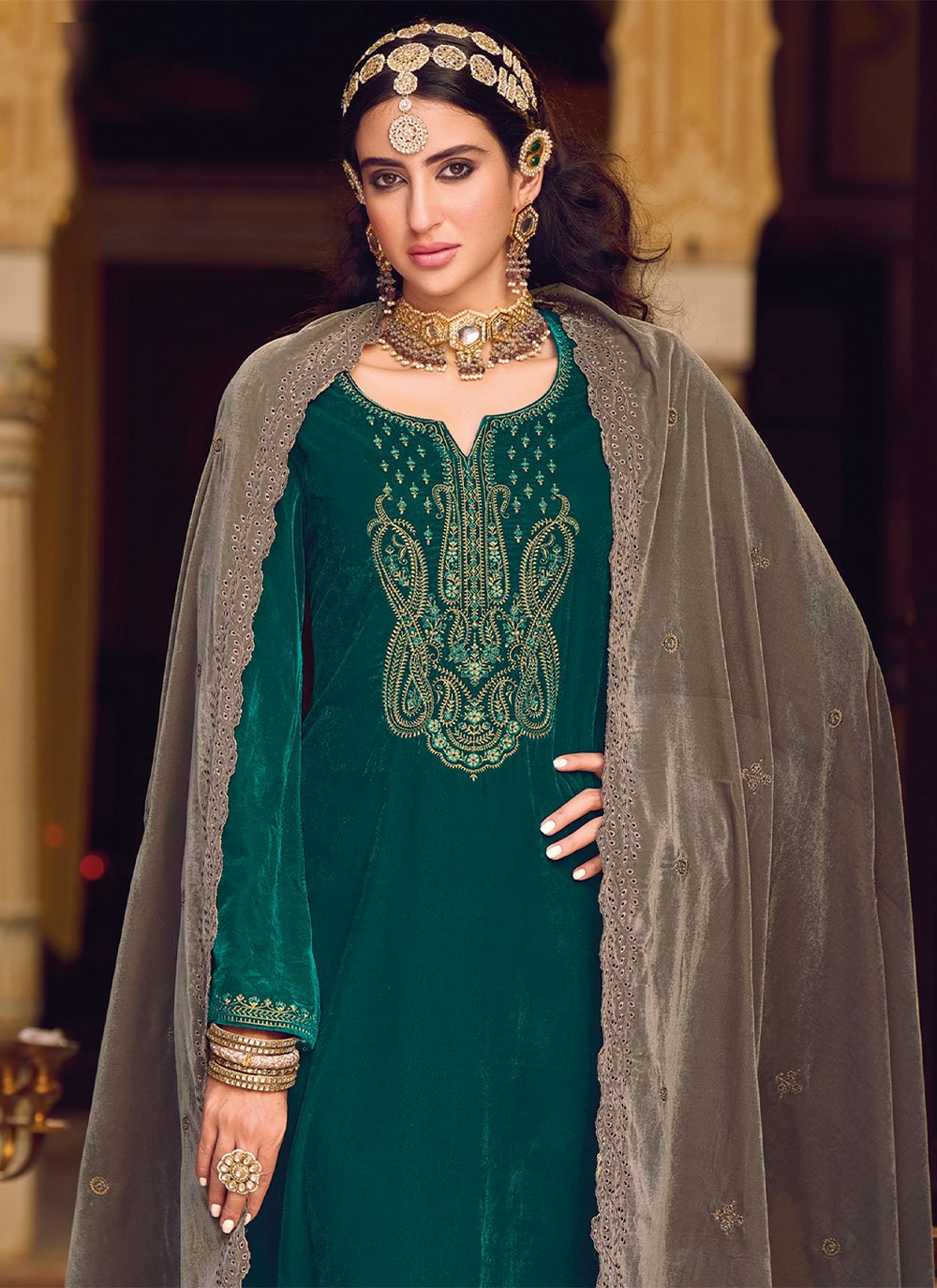 Salwar Suit Velvet Teal Embroidered Salwar Kameez