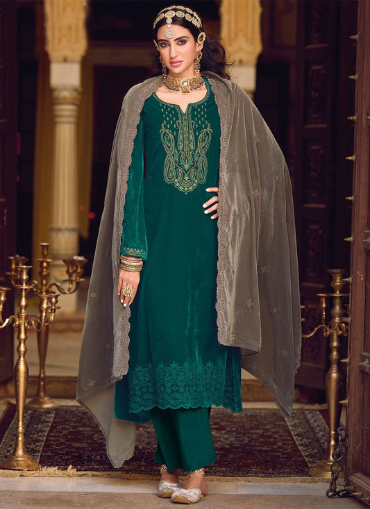 Salwar Suit Velvet Teal Embroidered Salwar Kameez