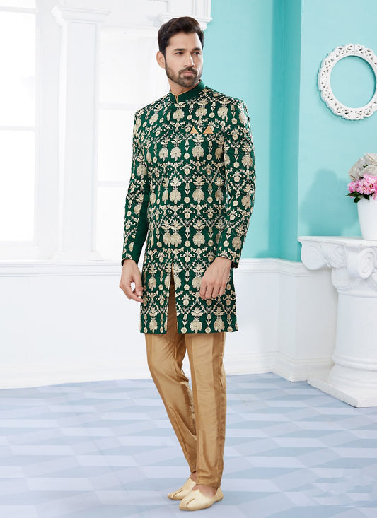 Indo Western Sherwani Velvet Green Machine Embroidery Mens