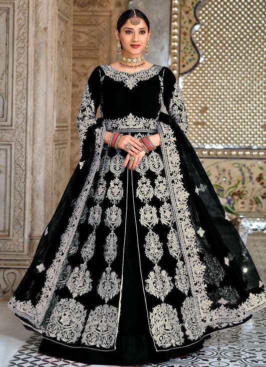 Lehenga Choli Velvet Black Embroidered Lehenga Choli