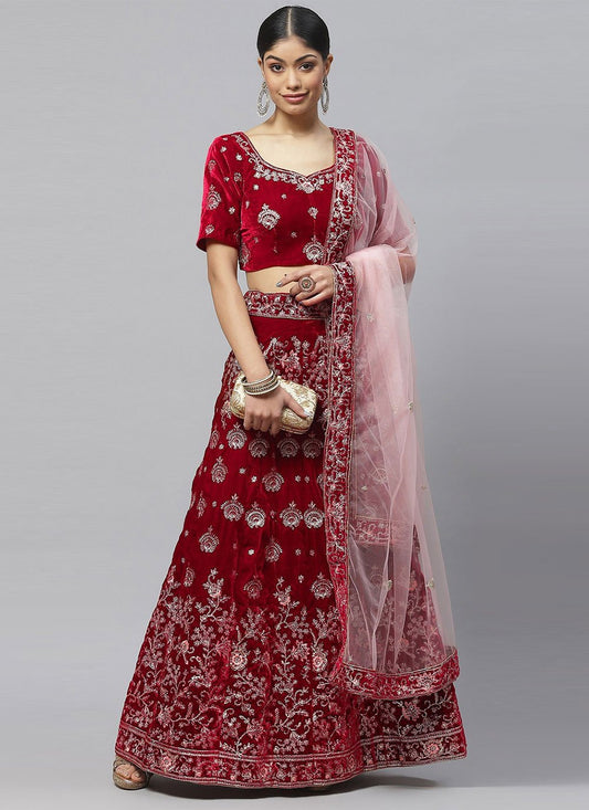 Lehenga Choli Velvet Maroon Embroidered Lehenga Choli