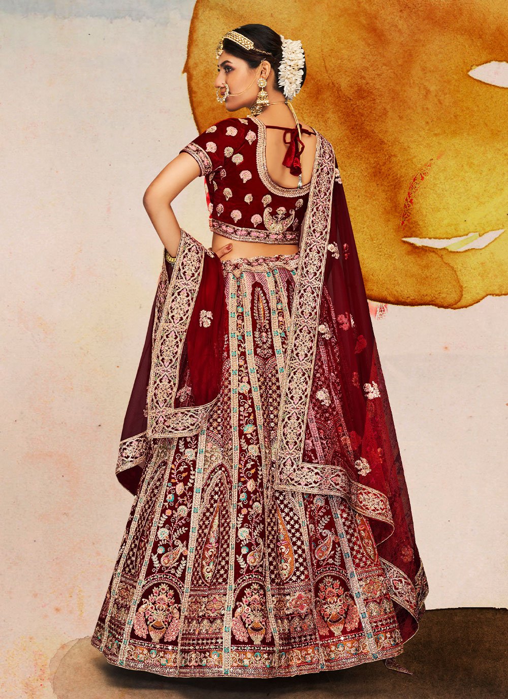 Lehenga Choli Velvet Maroon Dori Work Lehenga Choli