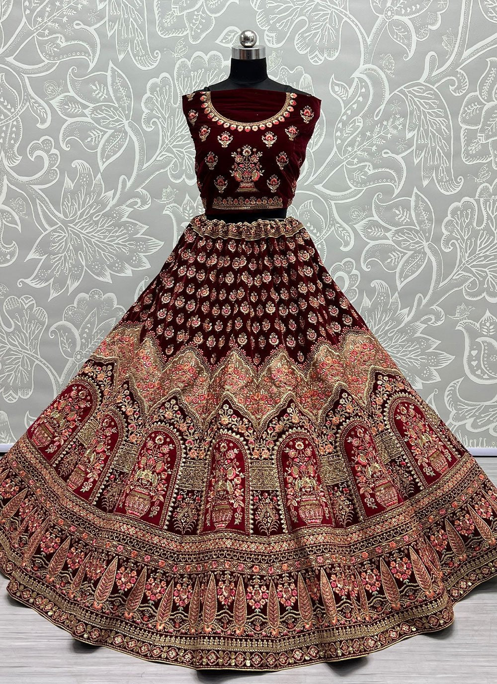 Lehenga Choli Velvet Maroon Diamond Lehenga Choli